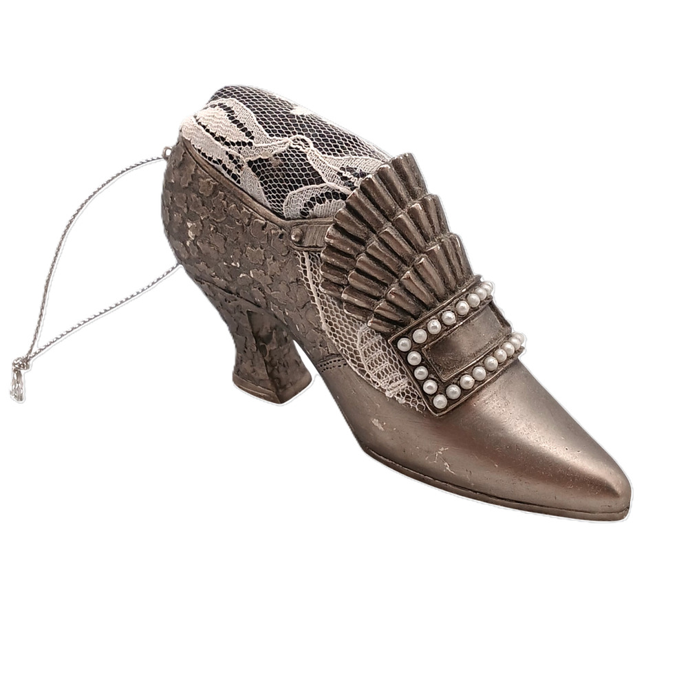 Vintage Metal Shoe Pin Cushion Ornament Beaded w/ White White Faux Pearl